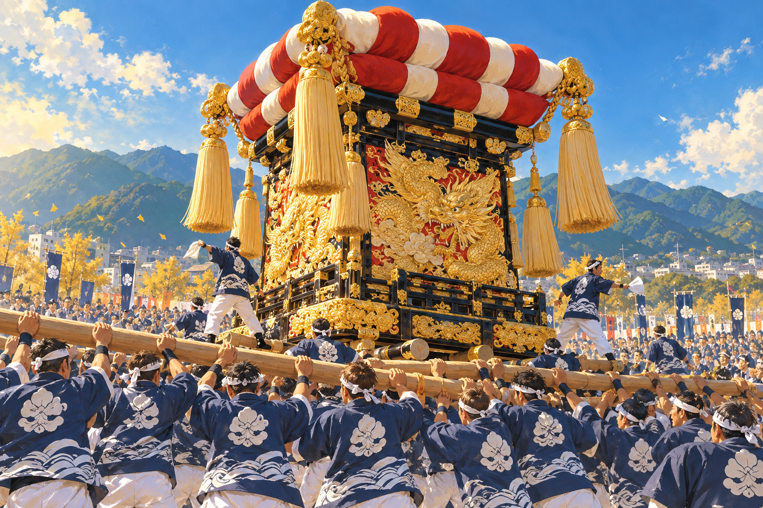 新居浜太鼓祭り：金色の太鼓台（AI生成イメージ）